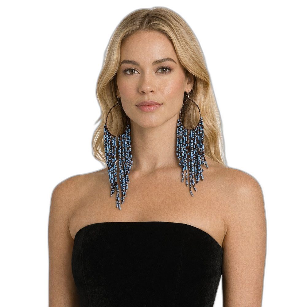 Tribal Handcrafted lightweight Seed Bead Hoop Fringe earrings Boho Hippie Beach